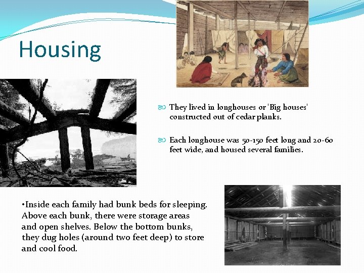 Housing They lived in longhouses or 'Big houses' constructed out of cedar planks. Each