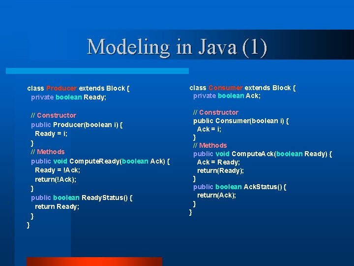 Modeling in Java (1) class Producer extends Block { private boolean Ready; // Constructor
