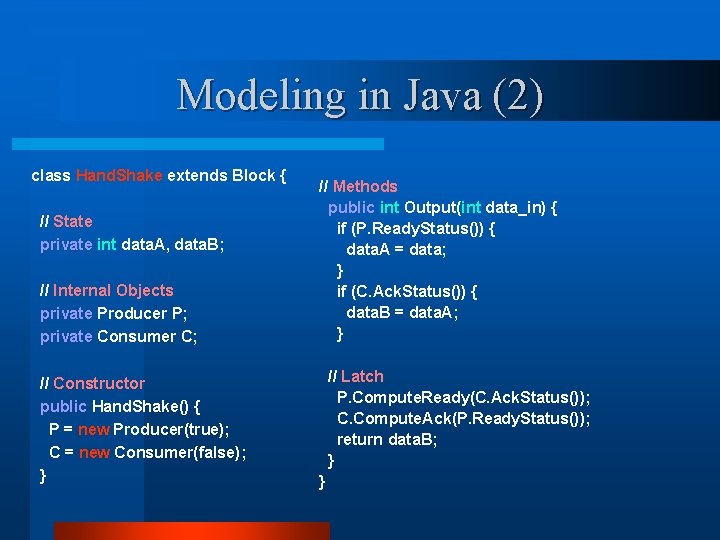 Modeling in Java (2) class Hand. Shake extends Block { // State private int