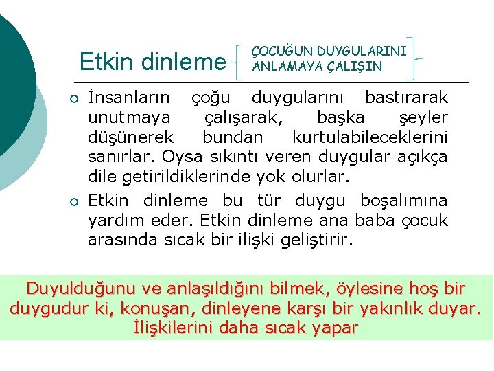 Etkin dinleme ¡ ¡ ÇOCUĞUN DUYGULARINI ANLAMAYA ÇALIŞIN İnsanların çoğu duygularını bastırarak unutmaya çalışarak,