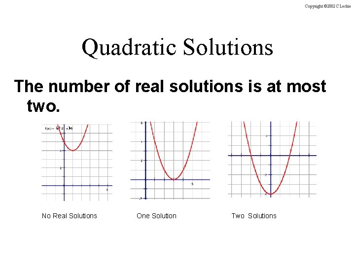 Quadratic Solutions The number of real solutions is at most two. No Real Solutions
