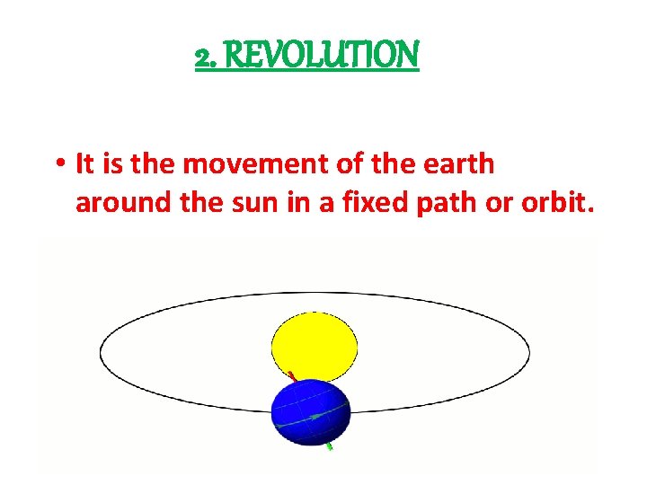 2. REVOLUTION • It is the movement of the earth around the sun in