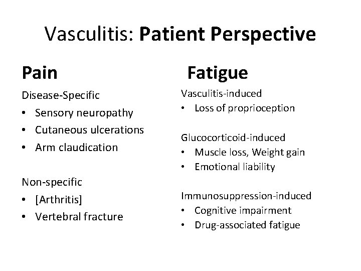 Vasculitis: Patient Perspective Pain Disease-Specific • Sensory neuropathy • Cutaneous ulcerations • Arm claudication
