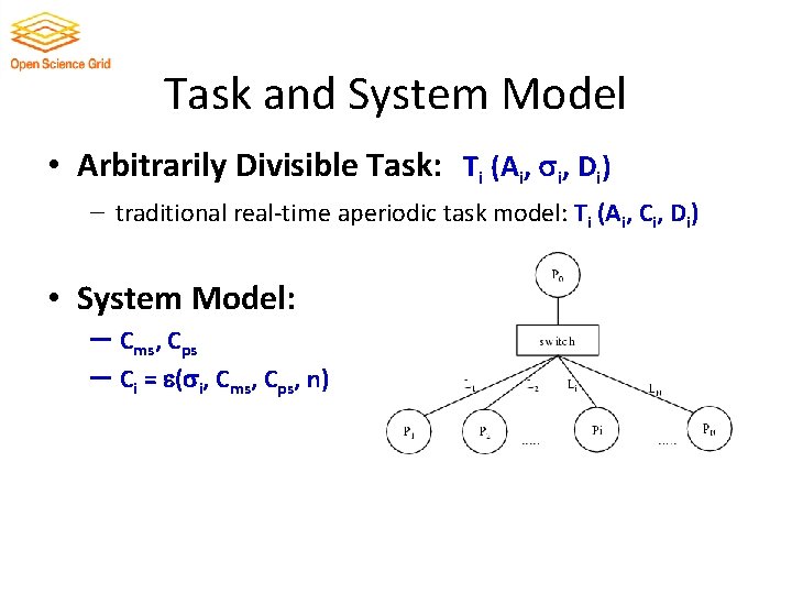 Task and System Model • Arbitrarily Divisible Task: Ti (Ai, i, Di) － traditional