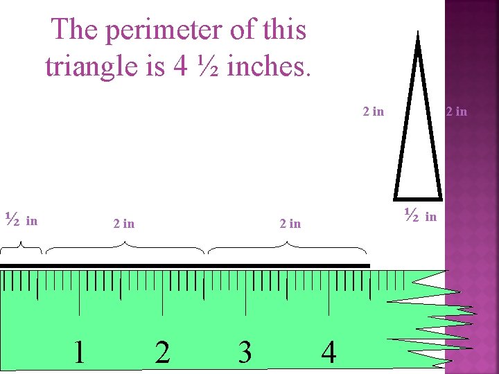 The perimeter of this triangle is 4 ½ inches. 2 in ½ in 2