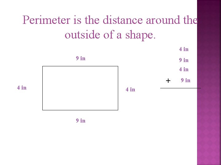 Perimeter is the distance around the outside of a shape. 4 in 9 in