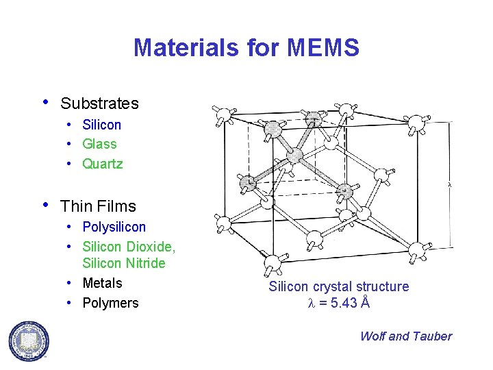 Materials for MEMS • Substrates • Silicon • Glass • Quartz • Thin Films