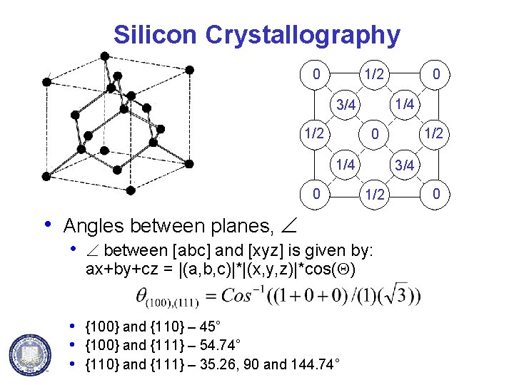 Silicon Crystallography 0 1/2 1/4 3/4 1/2 0 1/4 0 • Angles between planes,