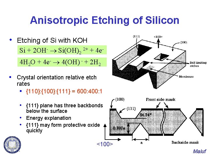 Anisotropic Etching of Silicon • Etching of Si with KOH Si + 2 OH-