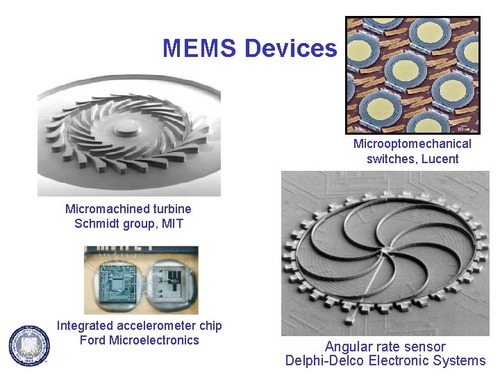 MEMS Devices Microoptomechanical switches, Lucent Micromachined turbine Schmidt group, MIT Integrated accelerometer chip Ford