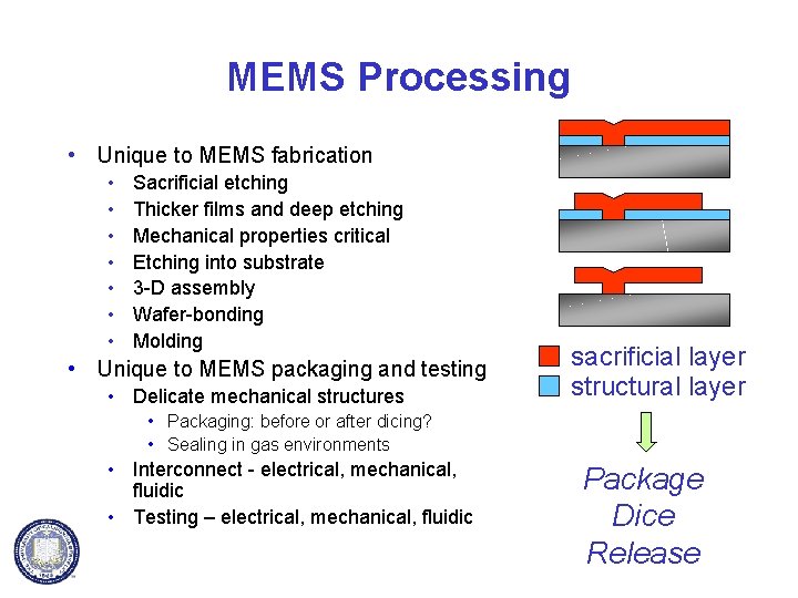 MEMS Processing • Unique to MEMS fabrication • • Sacrificial etching Thicker films and