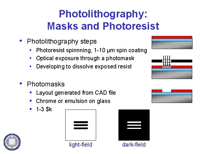 Photolithography: Masks and Photoresist • Photolithography steps • Photoresist spinnning, 1 -10 µm spin