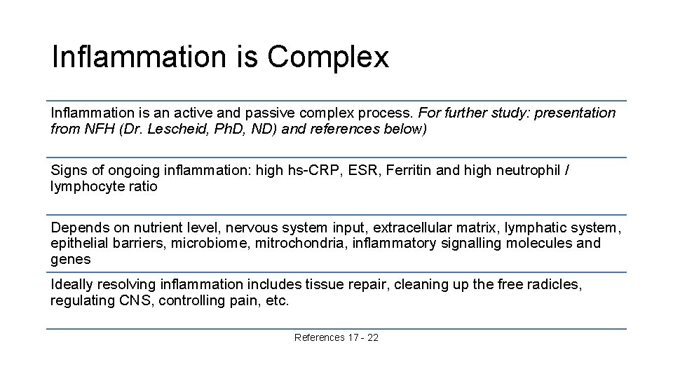 Inflammation is Complex Inflammation is an active and passive complex process. For further study: