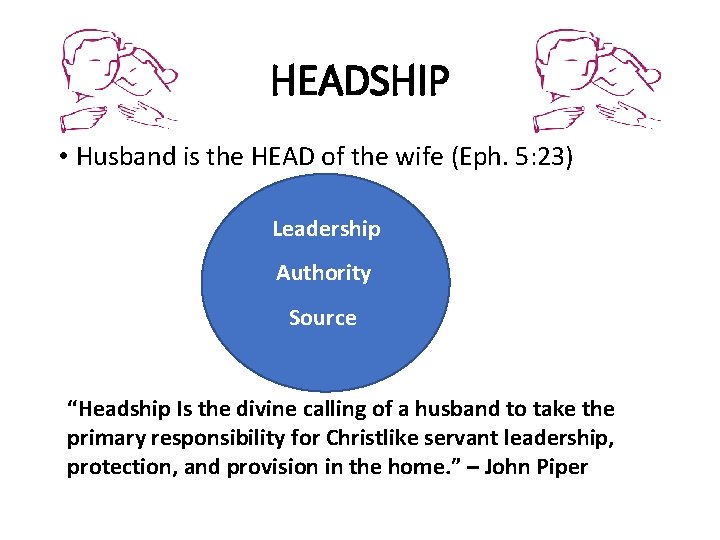 HEADSHIP • Husband is the HEAD of the wife (Eph. 5: 23) Leadership Authority