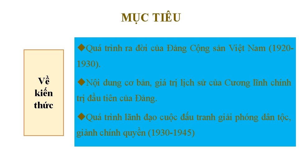 MỤC TIÊU Quá trình ra đời của Đảng Cộng sản Việt Nam (19201930). Về