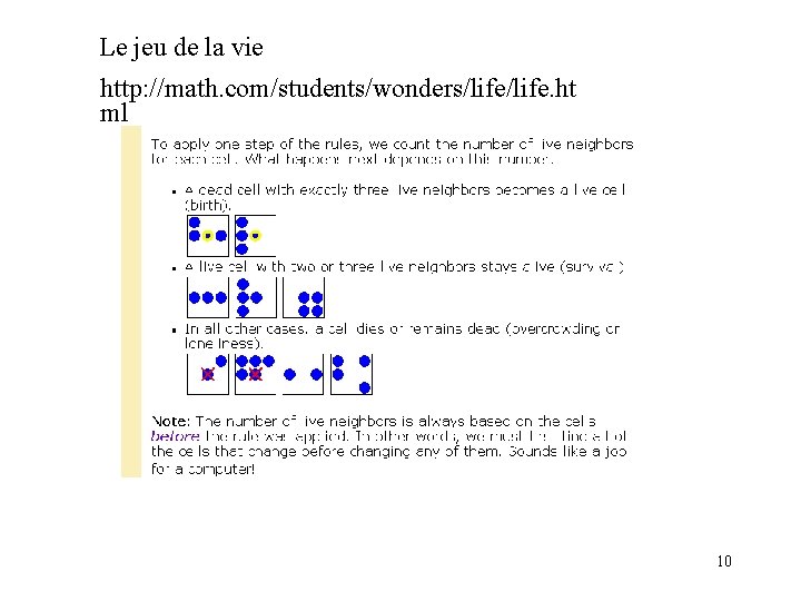 Le jeu de la vie http: //math. com/students/wonders/life. ht ml 10 
