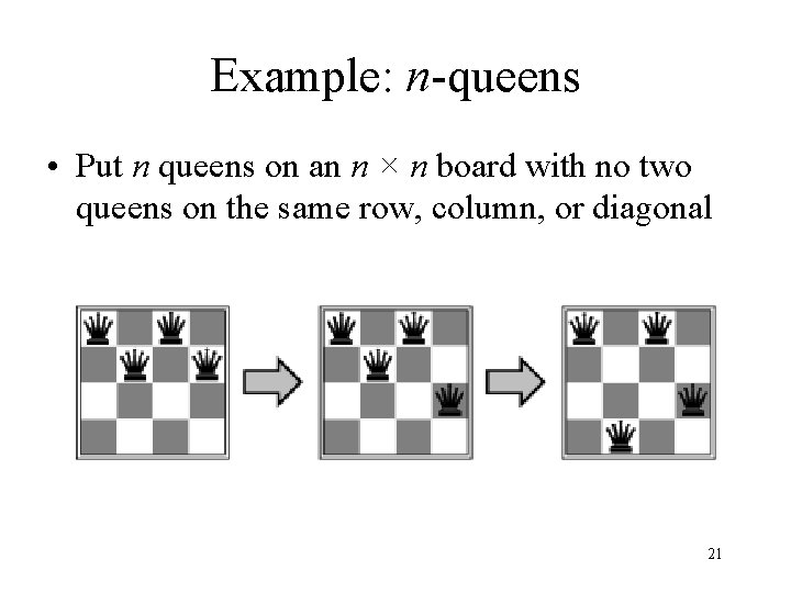 Example: n-queens • Put n queens on an n × n board with no