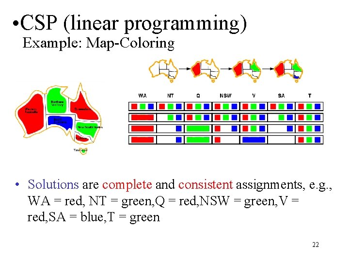  • CSP (linear programming) Example: Map-Coloring • Solutions are complete and consistent assignments,