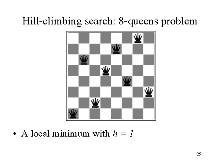 Hill-climbing search: 8 -queens problem • A local minimum with h = 1 25