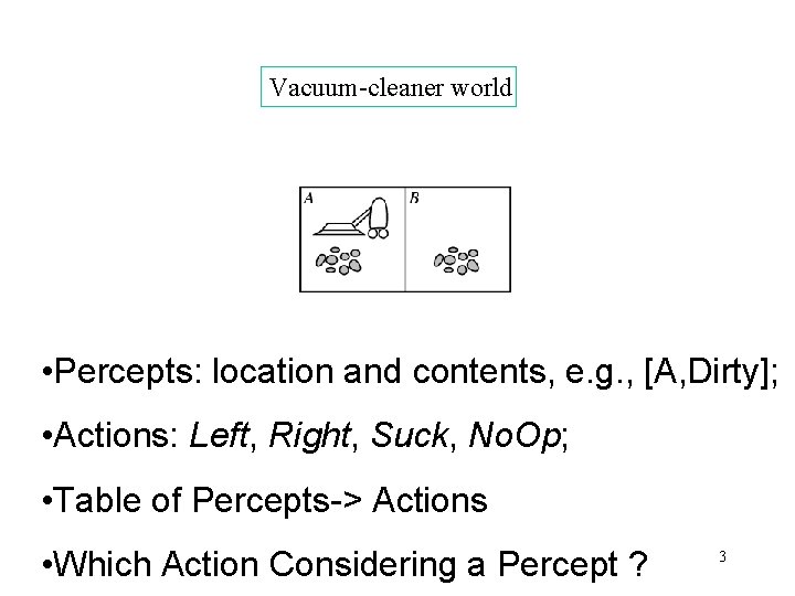 Vacuum-cleaner world • Percepts: location and contents, e. g. , [A, Dirty]; • Actions: