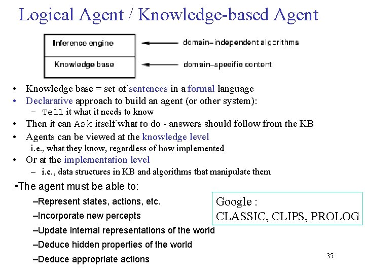 Logical Agent / Knowledge-based Agent • Knowledge base = set of sentences in a