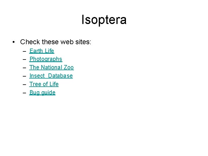 Isoptera • Check these web sites: – – – Earth Life Photographs The National