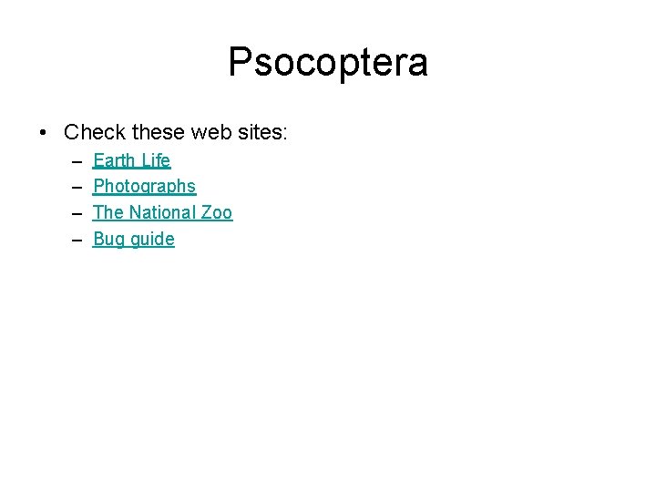 Psocoptera • Check these web sites: – – Earth Life Photographs The National Zoo