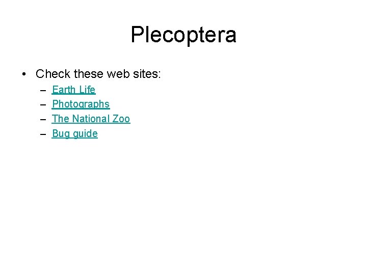 Plecoptera • Check these web sites: – – Earth Life Photographs The National Zoo