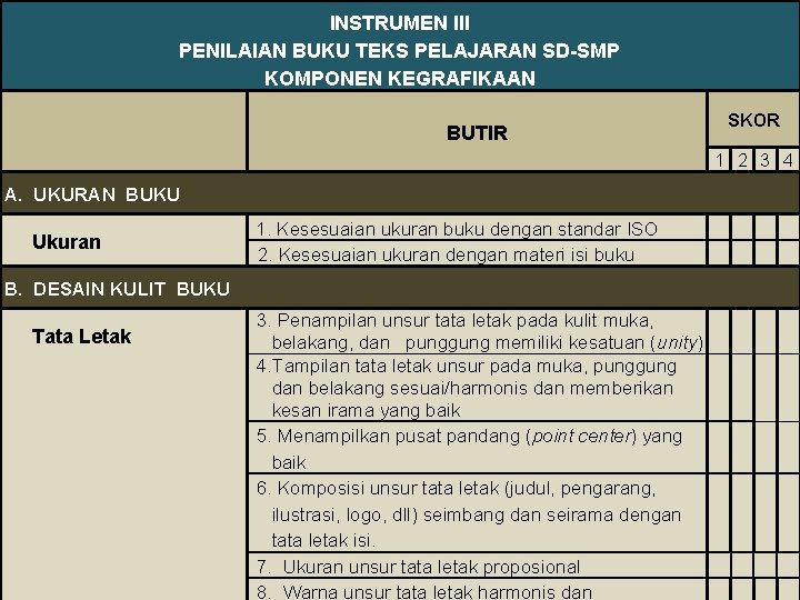 INSTRUMEN III PENILAIAN BUKU TEKS PELAJARAN SD-SMP 53 KOMPONEN KEGRAFIKAAN butir BUTIR PENERBIT Instrumen