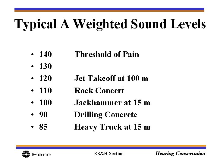 Typical A Weighted Sound Levels • • 140 130 120 110 100 90 85