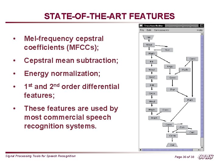 STATE-OF-THE-ART FEATURES • Mel-frequency cepstral coefficients (MFCCs); • Cepstral mean subtraction; • Energy normalization;