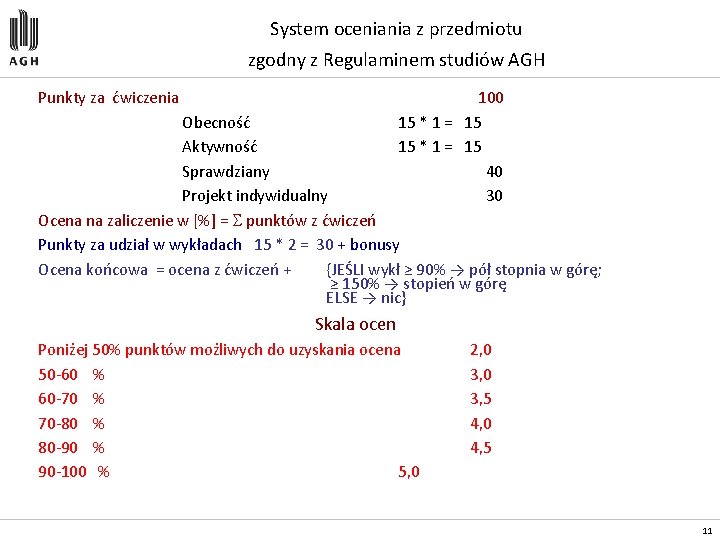 System oceniania z przedmiotu zgodny z Regulaminem studiów AGH Punkty za ćwiczenia 100 15