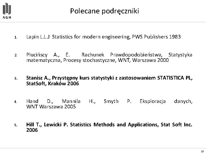 Polecane podręczniki 1. Lapin L. L. J Statistics for modern engineering, PWS Publishers 1983