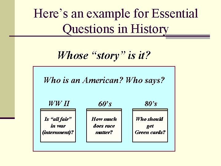 Here’s an example for Essential Questions in History Whose “story” is it? Who is