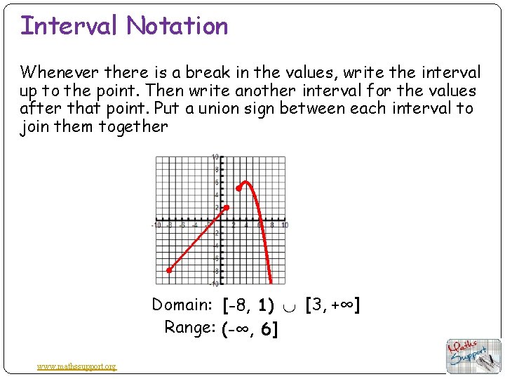 Interval Notation Whenever there is a break in the values, write the interval up