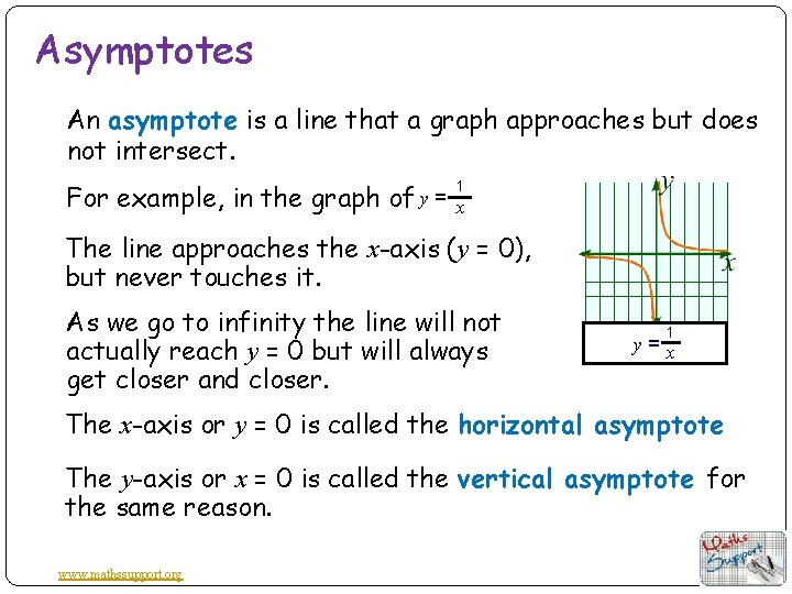Asymptotes An asymptote is a line that a graph approaches but does not intersect.