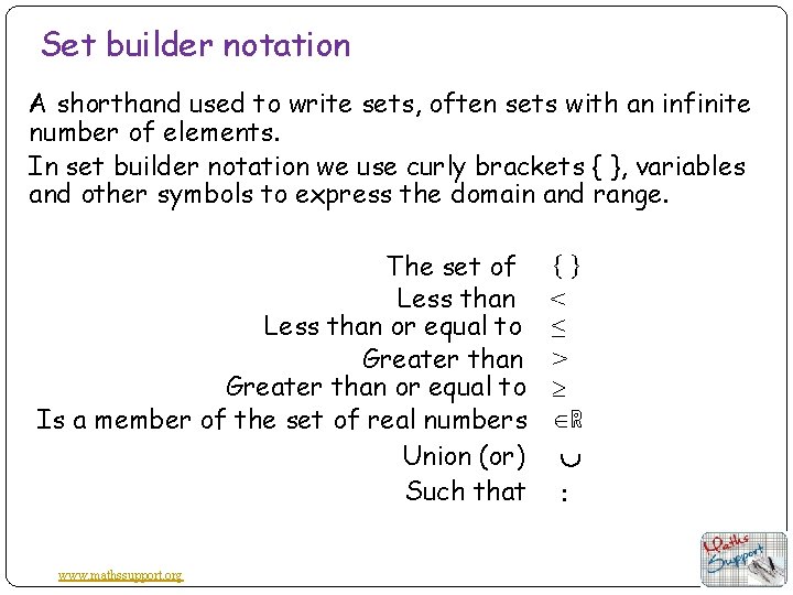 Set builder notation A shorthand used to write sets, often sets with an infinite