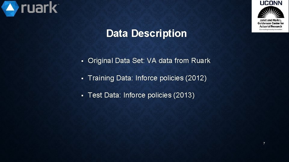 Data Description ▪ Original Data Set: VA data from Ruark ▪ Training Data: Inforce