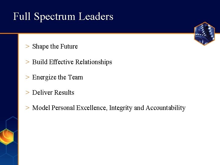Full Spectrum Leaders > Shape the Future > Build Effective Relationships > Energize the Full Spectrum Leaders > Shape the Future > Build Effective Relationships > Energize the