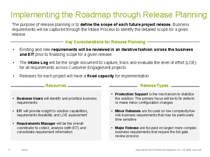 Implementing the Roadmap through Release Planning The purpose of release planning is to define