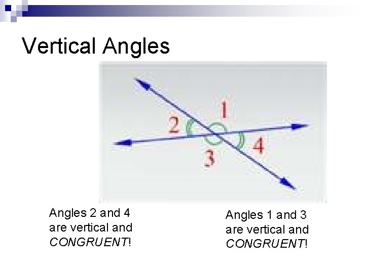 Vertical Angles 2 and 4 are vertical and CONGRUENT! Angles 1 and 3 are
