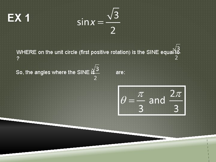 EX 1 WHERE on the unit circle (first positive rotation) is the SINE equal