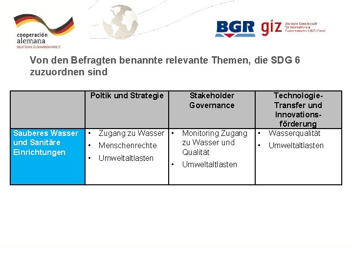 Von den Befragten benannte relevante Themen, die SDG 6 zuzuordnen sind Poltik und Strategie