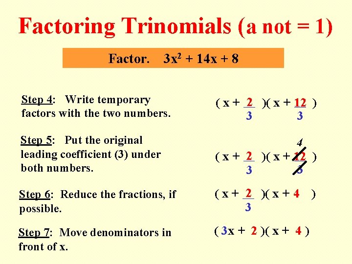 Factoring Trinomials (a not = 1) Factor. 3 x 2 + 14 x +