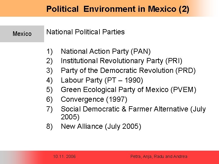Political Environment in Mexico (2) Mexico National Political Parties 1) 2) 3) 4) 5)