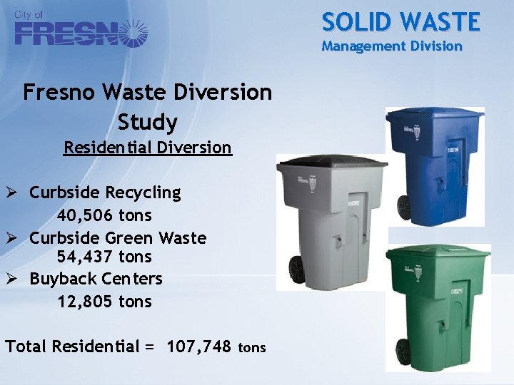 SOLID WASTE Management Division Fresno Waste Diversion Study Residential Diversion Ø Curbside Recycling 40,