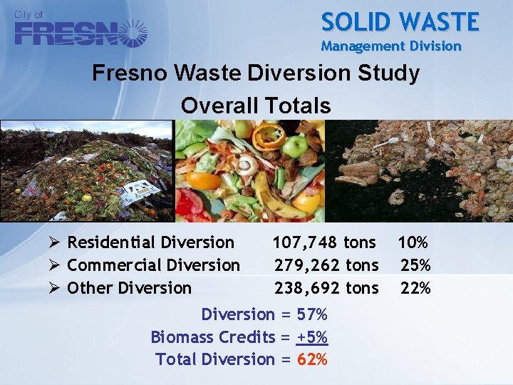 SOLID WASTE Management Division Fresno Waste Diversion Study Overall Totals Ø Residential Diversion Ø