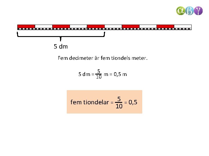 5 dm Fem decimeter är fem tiondels meter. 5 m = 0, 5 m
