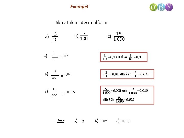 Exempel Skriv talen i decimalform. b) 7 100 a) 3 10 a) 3 0,