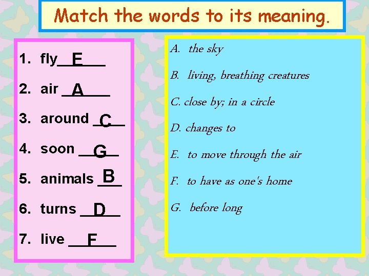Match the words to its meaning. 1. fly______ E 2. air ______ A 3.